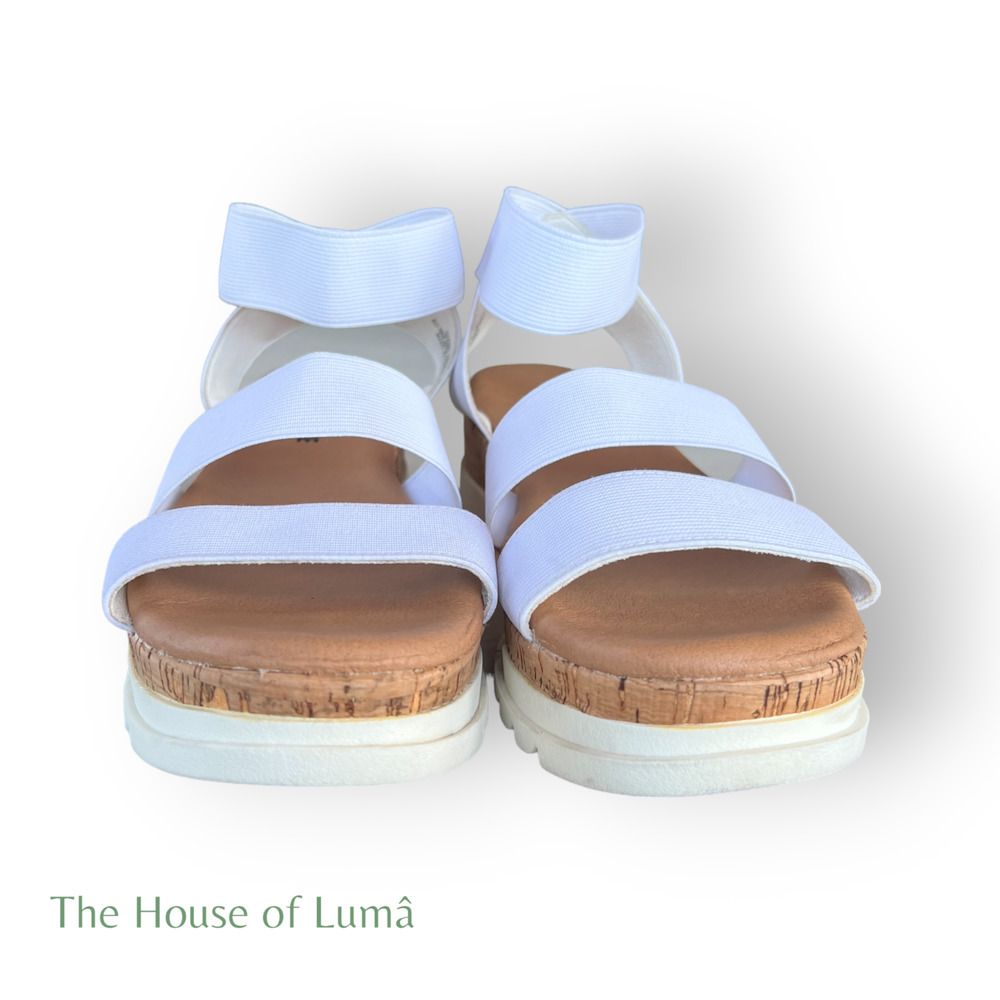 CUSHIONAIRE Women's Naomi Cork Wedge Sandal Strappy White Size 7